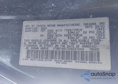 2002 Toyota Tundra Ltd V8 from USA, damaged, VIN 5TBBT48172S237243